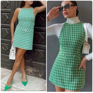 Zara Green Tweed Pinafore Dress Size SMALL